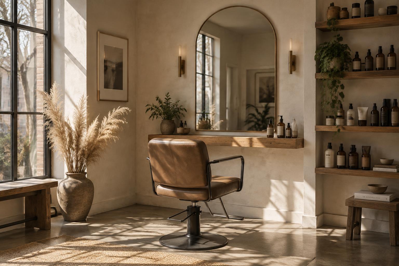 Natural light across ivory walls, an oak shelf of amber bottles and a leather chair