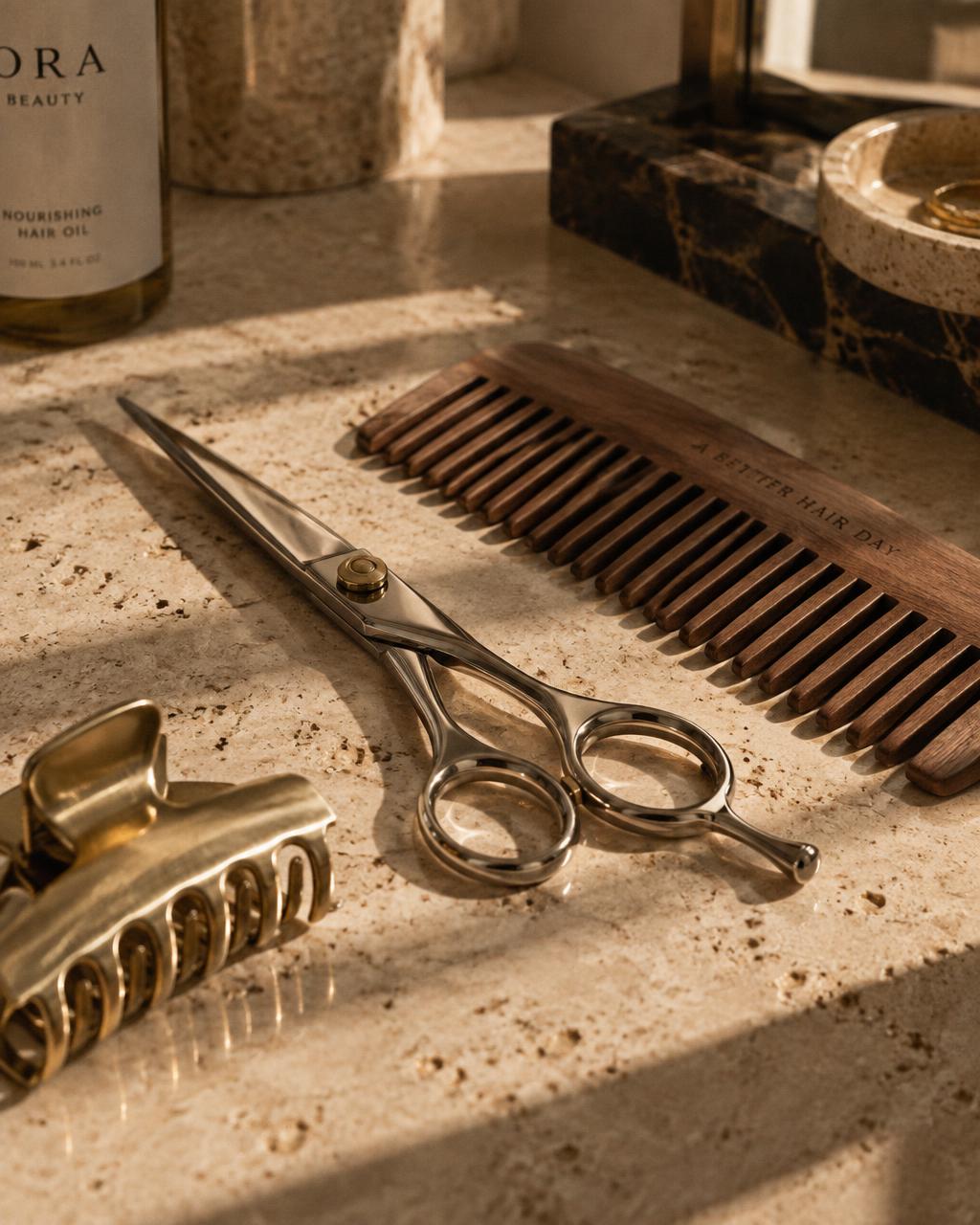 Scissors, a walnut comb and a brass clip on travertine